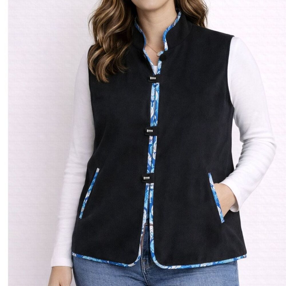 Asian Inspired Black Mandarin Collar Vest Blue Trim Frog Closure Boho Artsy